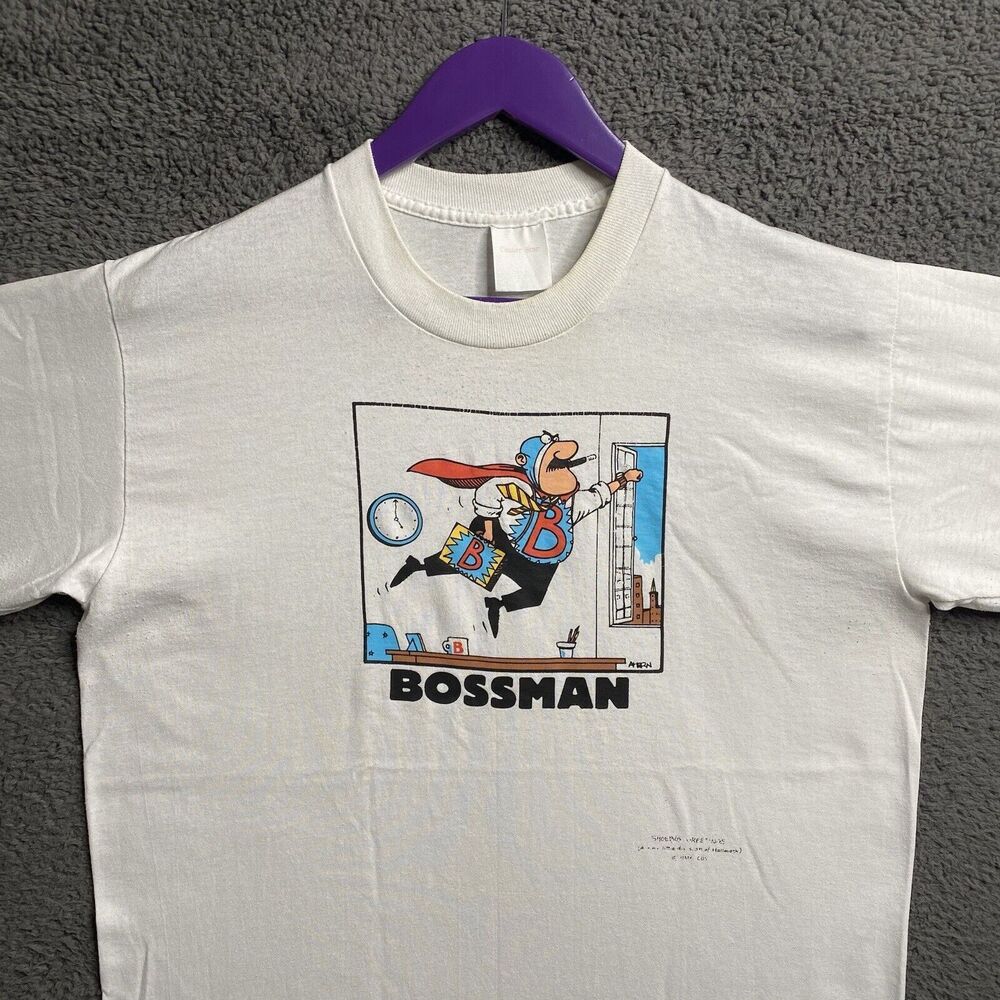 VINTAGE 90s Hallmark Bossman Single Stitch T-shirt White Made In USA Large Comic